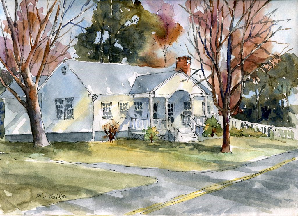 Watercolor painting of the exterior of the North Chatham Free Library