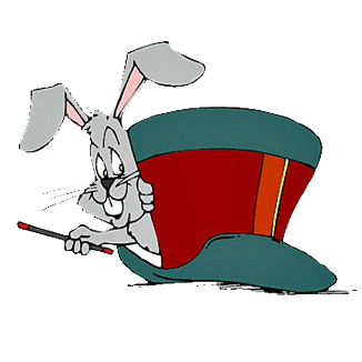 Gray bunny with pink ears, holding a wand, peeking from behind a red magic hat