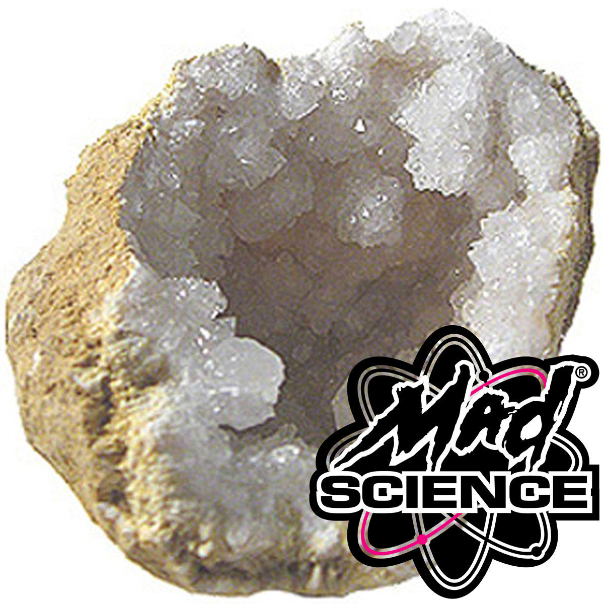 Geode with a Mad Science logo superimposed over it