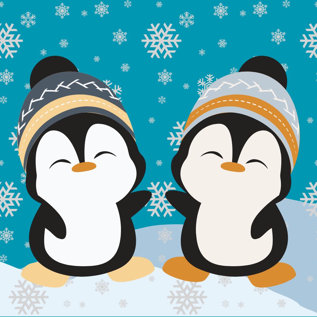 Two illustrated penguins wearing hats in celebration of HatsGiving
