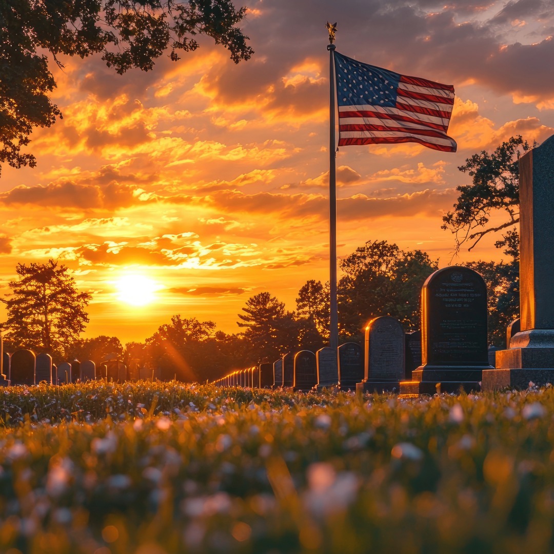 Sun setting over a graveyard with an American flag flying